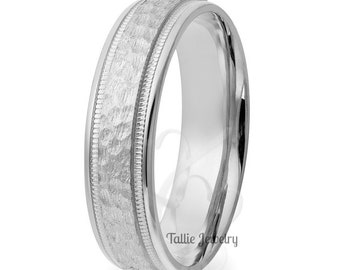 6mm 10K 14K 18K Solid White Gold Mens Wedding Bands, Hammered Finish Mens Wedding Rings, White Gold Mens Wedding Band