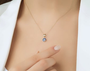 Minimalist Evil Eye Necklace, 14K Yellow Gold Round Evil Eye Necklace, Small Evil Eye Pendant, Kabbalah, Nazar Necklace, Blue Evil Eye
