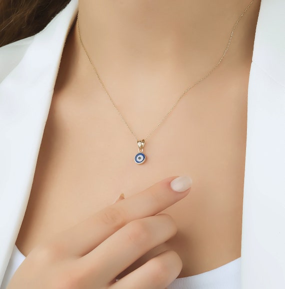 Minimalist Evil Eye Necklace 14K Yellow Gold Round Evil Eye Necklace Small Evil Eye Pendant Kabbalah Nazar Necklace Blue Evil Eye