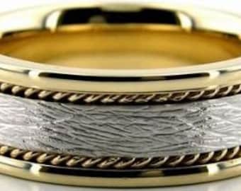 Two Tone Gold Wedding Bands, 8mm 10K 14K 18K Solid Yellow and White Gold Mens Wedding Ring, Braided Mens Wedding Band