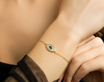 Marquise Emerald Bracelet, 14K Solid Yellow Gold Emerald Solitaire Bracelet, Dainty Eye Shape Emerald Bracelet, Green Emerald Gemstone