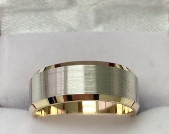 Two Tone Gold Wedding Bands, Beveled Edge Satin Finish Mens Wedding Ring, 8mm 10K 14K 18K Solid White and Yellow Gold Mens Wedding Ring