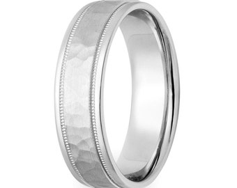 Platinum Wedding Bands,  Platinum Wedding Rings , 6mm Milgrain Hammered Finish Platinum Mens Wedding Bands, Rings for Men