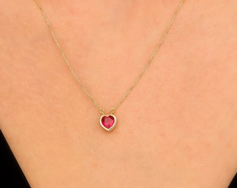 14K Solid Yellow Gold Solitaire Ruby Necklace, Heart Shape Ruby Necklace, July Birthstone, Gemstone Necklace ,Heart Necklace
