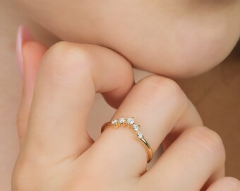 14K Yellow Gold Diamond Wedding Band, Curved Diamond Ring, Minimalist Diamond Band, Engagement Rings , Diamond Cluster Ring