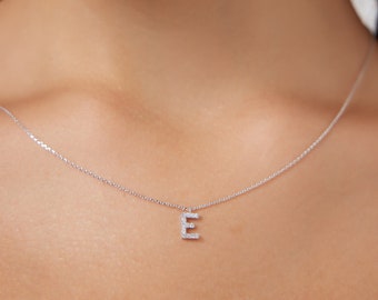 Diamond Initial Necklace,14K Solid White Gold Diamond Letter Necklace , Layering Diamond Necklace, Personalized Necklace, Letter E Necklace