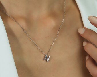 14K Solid White Gold Diamond Initial Necklace, Diamond Letter Necklace, Natural Diamond Necklace, Minimalist Letter N Necklace