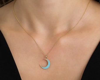 Moon Necklace, 14K Solid Yellow Gold Crescent Moon Necklace, Turquoise  Moon Necklace, Crescent Moon Pendant, Turquoise  Necklace