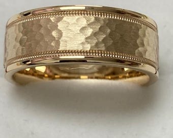 8mm 10K 14K 18K Solid Yellow Gold ns Wedding Bands, Milgrain Hammered Finish Mens Wedding Rings, Comfort Fit