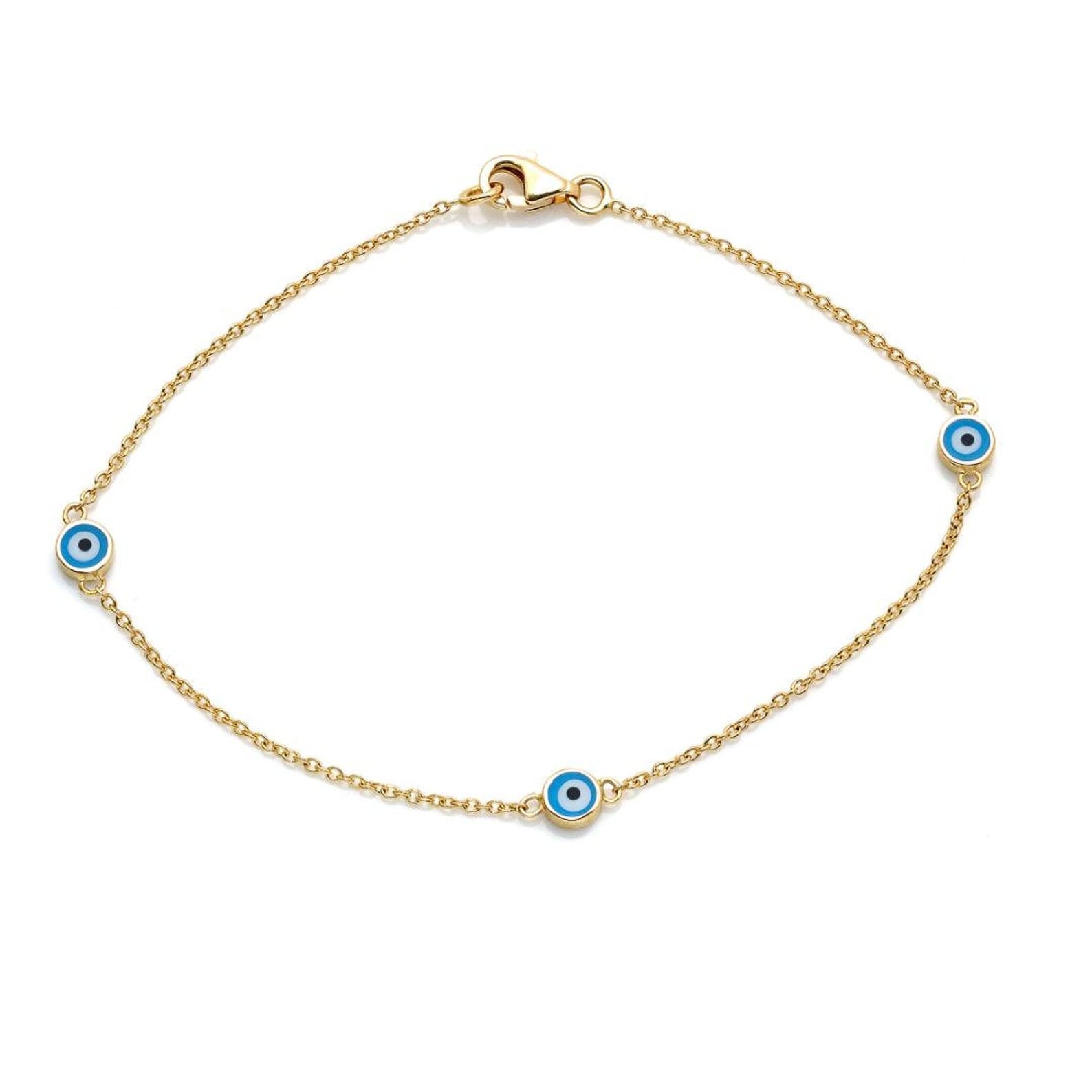 14K Solid Yellow Gold Evil Eye Bracelet, Minimalist Evil Eye Bracelet ...