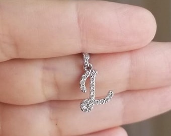 14K Solid White Gold Diamond Letter Necklace, 0.45 Carat Natural Diamond Initial Pendant, Script Letter L Necklace