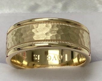 8mm 10K 14K 18K Solid Yellow Gold Mens Wedding Band, Hammered Finish Milgrain Mens Wedding Ring, Comfort Fit