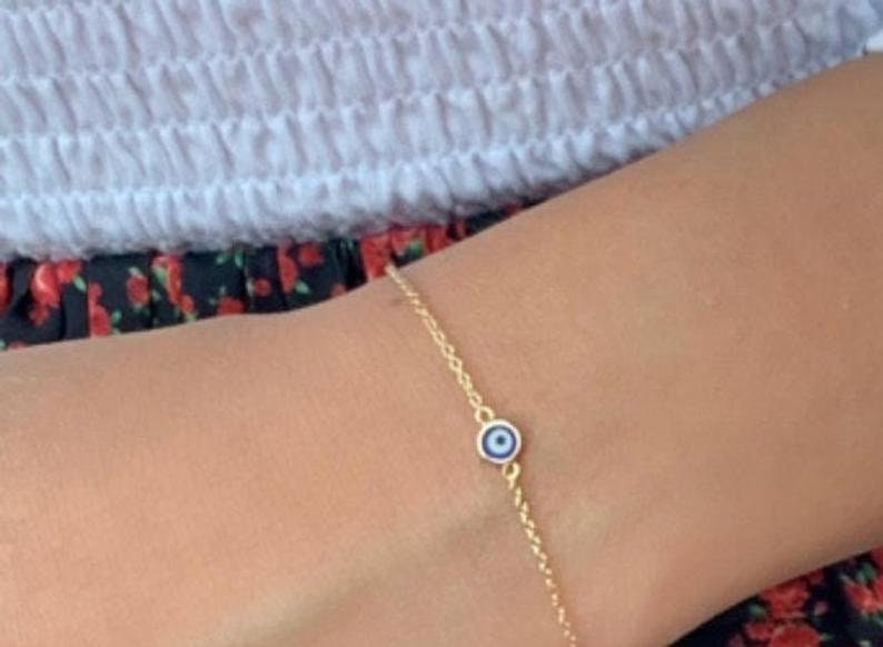 Evil Eye Bracelet, 14K Solid Yellow Gold Evil Eye Bracelet, Dainty Evil