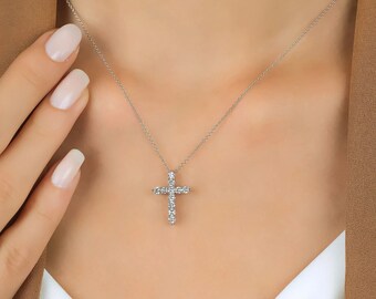 14K Solid White Gold 0.55 Carat Natural Diamond Cross Necklace,  Cross Pendant, Layering Diamond Necklace, Baptism Gifts