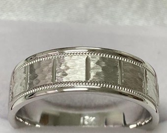 White Gold Mens Wedding Bands, 7mm 10K 14K 18K Solid White Gold Milgrain Hammered Finish Mens Wedding Rings