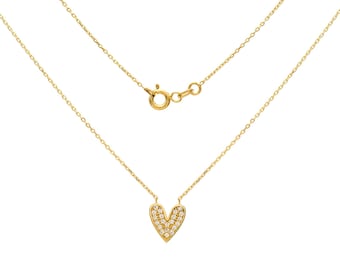 Heart Necklace, 14K Yellow Gold Heart Necklace, Diamond CZ Heart Necklace, Minimalist Heart Necklace in 14K Gold, Valentines Day Gift