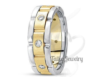 Mens Two Tone Gold Wedding Bands, 7mm 10K 14K 18K Solid White and Yellow Gold Mens Wedding Rings, Diamond Mens Wedding Bands