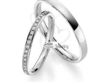 His and Hers Diamond Eternity Wedding Bands Matching Wedding Rings Set ,10K 14K 18K Solid White Gold Mens and Womens Wedding Bands
