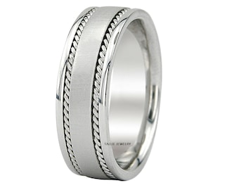 Mens White Gold Wedding Bands, Braided Mens Wedding Rings, 8mm 10K 14K 18K White Gold Mens Wedding Band, Brushed Finish Mens Wedding Ring