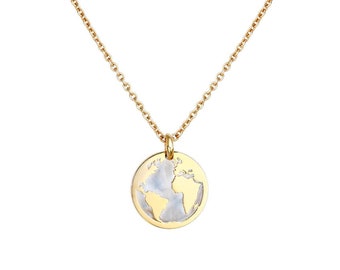 14K Solid Yellow Gold Earth Necklace, Mother of Pearl World Map Necklace, World Globe Pendant, Earth Charm , Wanderlust Necklace