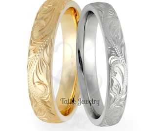 Hand Engraved Matching Wedding Bands Set, His and Hers Hand Engraved Wedding Rings, 10K 14K 18K White and Yellow Gold Wedding Bands