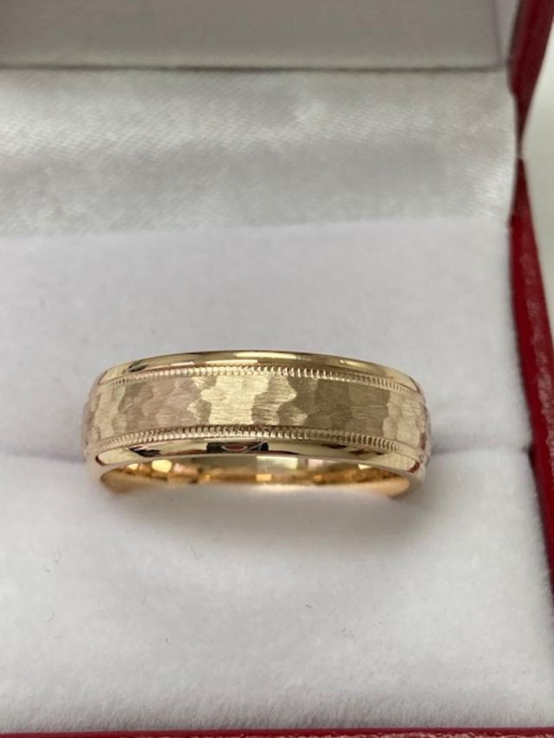 Men's 6mm Hammered Milgrain White Gold Wedding Band Ring - Classic Textured Design