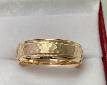 Mens Wedding Band, Milgrain Hammered Finish Mens or Womens Wedding Ring, 5mm 10K 14K 18K Solid Yellow Gold Wedding Bands