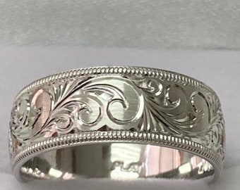Hand Engraved Wedding Bands, Hand Engraved Wedding Rings,  7mm 10K 14K 18K Solid White Gold Wedding Bands, Rings for Men, Comfort Fit