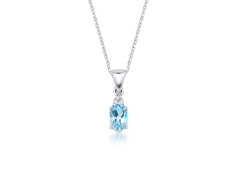 14K Solid White Gold Diamond Solitaire Necklace ,Minimalist Oval Natural Blue Topaz and Diamond Necklace ,Gemstone Necklace, Topaz necklace