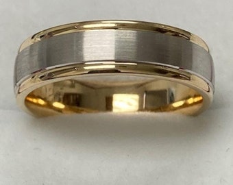 Two Tone Gold Wedding Bands, 6mm 10K 14K 18K White and Yellow Gold Mens Wedding Ring, Satin Finish Mens Wedding Band