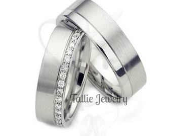 His and Hers Wedding Bands,  Matching Wedding Rings Set,  10K 14K 18K Solid White Gold Mens and Womens Diamond Wedding Bands
