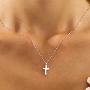 Cross Necklace, 14K Solid White Gold Cross Necklace, Small Cross Pendant, Minimalist Cross Necklace, Crucifix Cross Necklace in 14K Gold
