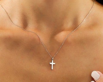 Cross Necklace, 14K Solid White Gold Cross Necklace, Small Cross Pendant, Minimalist Cross Necklace, Crucifix Cross Necklace in 14K Gold