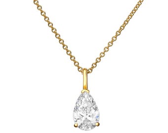 14K Solid Yellow Gold 1 Carat Pear Shape Lab Grown Diamond Solitaire Necklace, Diamond Solitaire Pendant