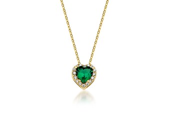 14K Solid Yellow Gold Emerald Solitaire Necklace, Heart Shape Emerald Necklace, Heart Necklace, May Birthstone, Green Emerald, Gemstone