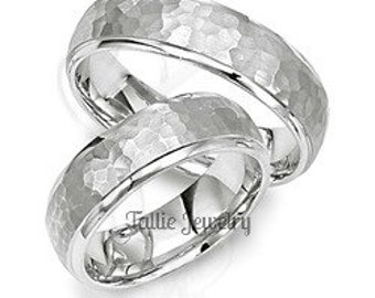 His and Hers Platinum Wedding Bands,  Hammered Finish Platinum Mens and Womens Wedding Rings