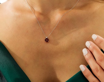 14K White Gold Diamond and Garnet Solitaire Necklace ,Natural Garnet and Diamond Solitaire Necklace ,Diamond Necklace, Gemstone Necklace