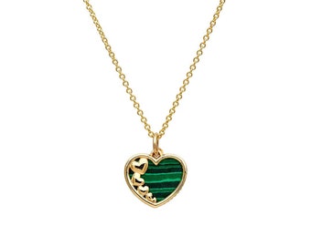14K Yellow Gold Heart Necklace,Green  Malachite Heart Necklace, Heart Charm, Malachite Heart Pendant, Heart Necklace