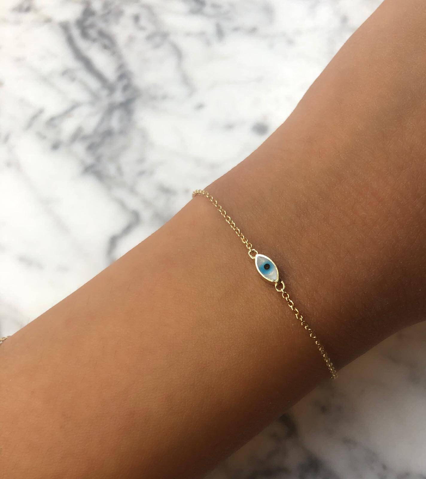 Evil Eye Bracelet 14K Solid Yellow Gold Evil Eye Bracelet Dainty Evil 