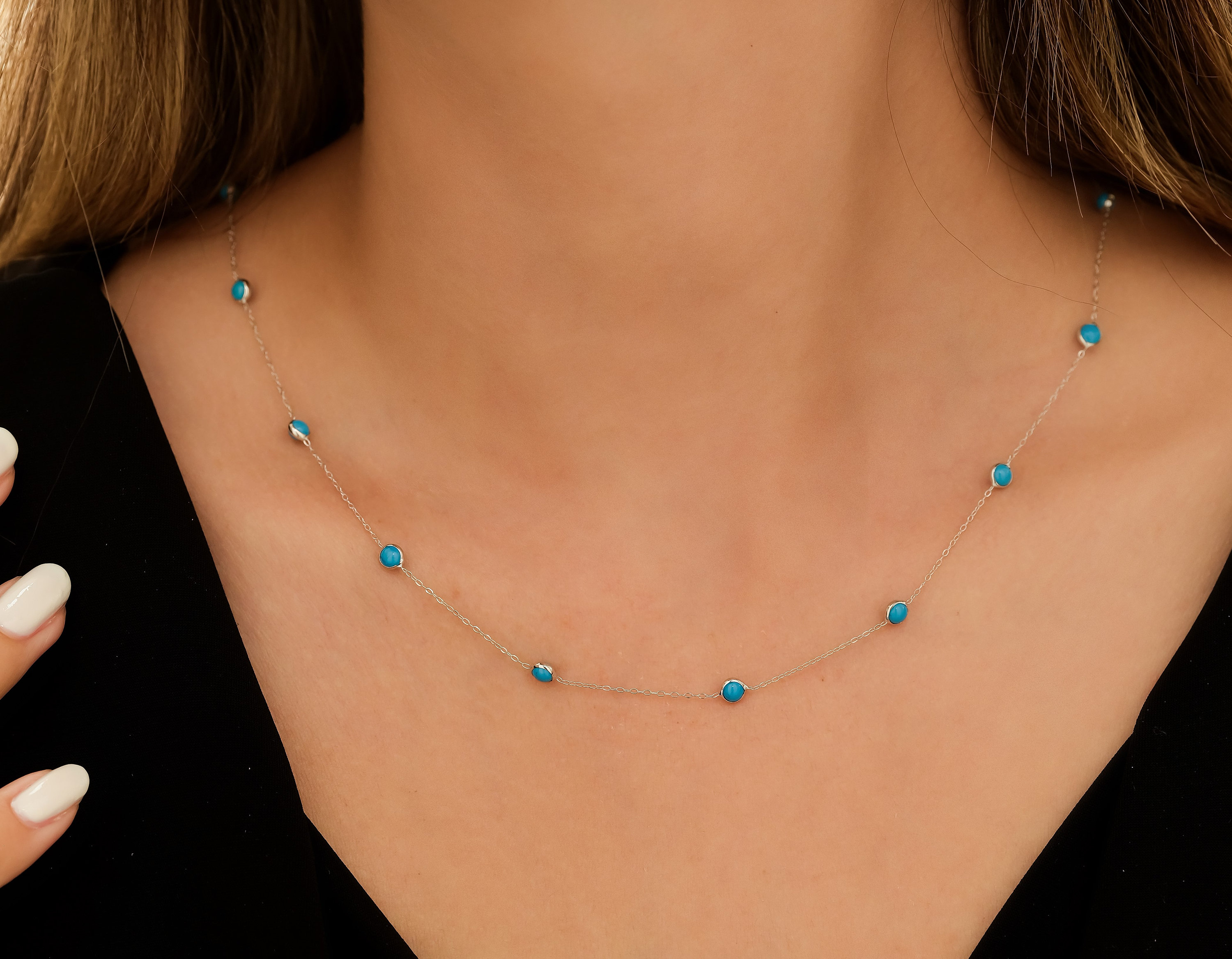 Turquoise Necklace 14K Solid White Gold Turquoise Station Necklace Beaded Turquoise Necklace Station Necklace Gifts for Her Gemstone