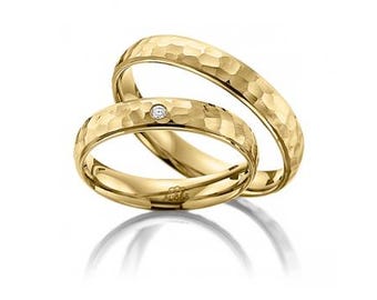 4mm 10K 14K 18K Solid Yellow Gold Hammered Finish Diamond Wedding Bands, His and Hers Wedding Rings Set, Matching Wedding Bands