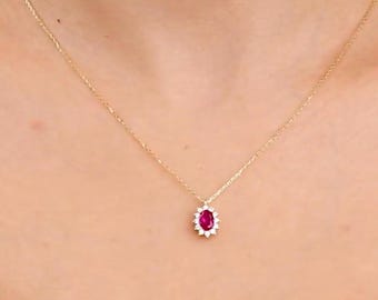 14K Solid Yellow Gold Ruby Necklace, Oval Ruby Solitaire Necklace, Diamond CZ Ruby Necklace, July Birthstone