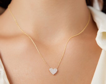14K Solid Yellow Gold Natural Diamond Heart Necklace