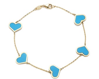 14K Solid Yellow Gold Heart Bracelet, Heart Station Bracelet ,Turquoise Heart Bracelet ,Heart Charm, Love Bracelet, Gifts for Her