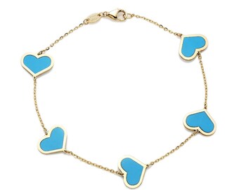 14K Solid Yellow Gold Heart Bracelet, Heart Station Bracelet ,Turquoise Heart Bracelet, Heart Charm, Love Bracelet, Gifts for Her