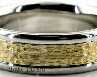 Hammered Finish Mens Wedding Bands, Two Tone Gold Mens Wedding Rings, 6mm 10K 14K 18K White & Yellow Gold Wedding Bands, Two Tone Gold Rings