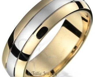 Two Tone Wedding Bands, 7mm 10K 14K 18K Solid White and Yellow Gold Mens Wedding Rings, Two Tone Gold Wedding Bands