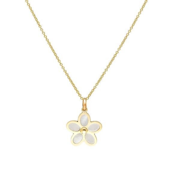 14K Solid Yellow Gold Daisy Flower Necklace, Mother of Pearl