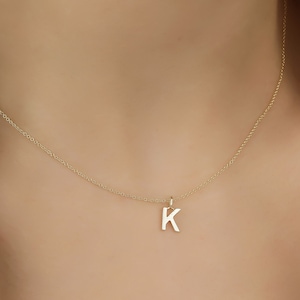 May include: A gold chain necklace with a simple pendant in the shape of the letter K.