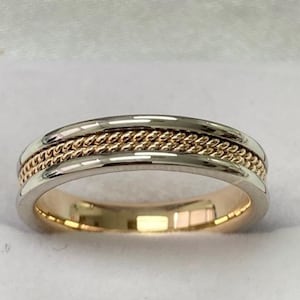 4mm 10K 14K 18K Solid White and Yellow Gold Wedding Band, Rope Braided Handmade Mens Wedding Ring, Two Tone Gold Wedding Bands